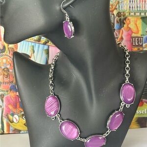 Elegant Silver Purple Jewelry Necklace Drop Earrings Set